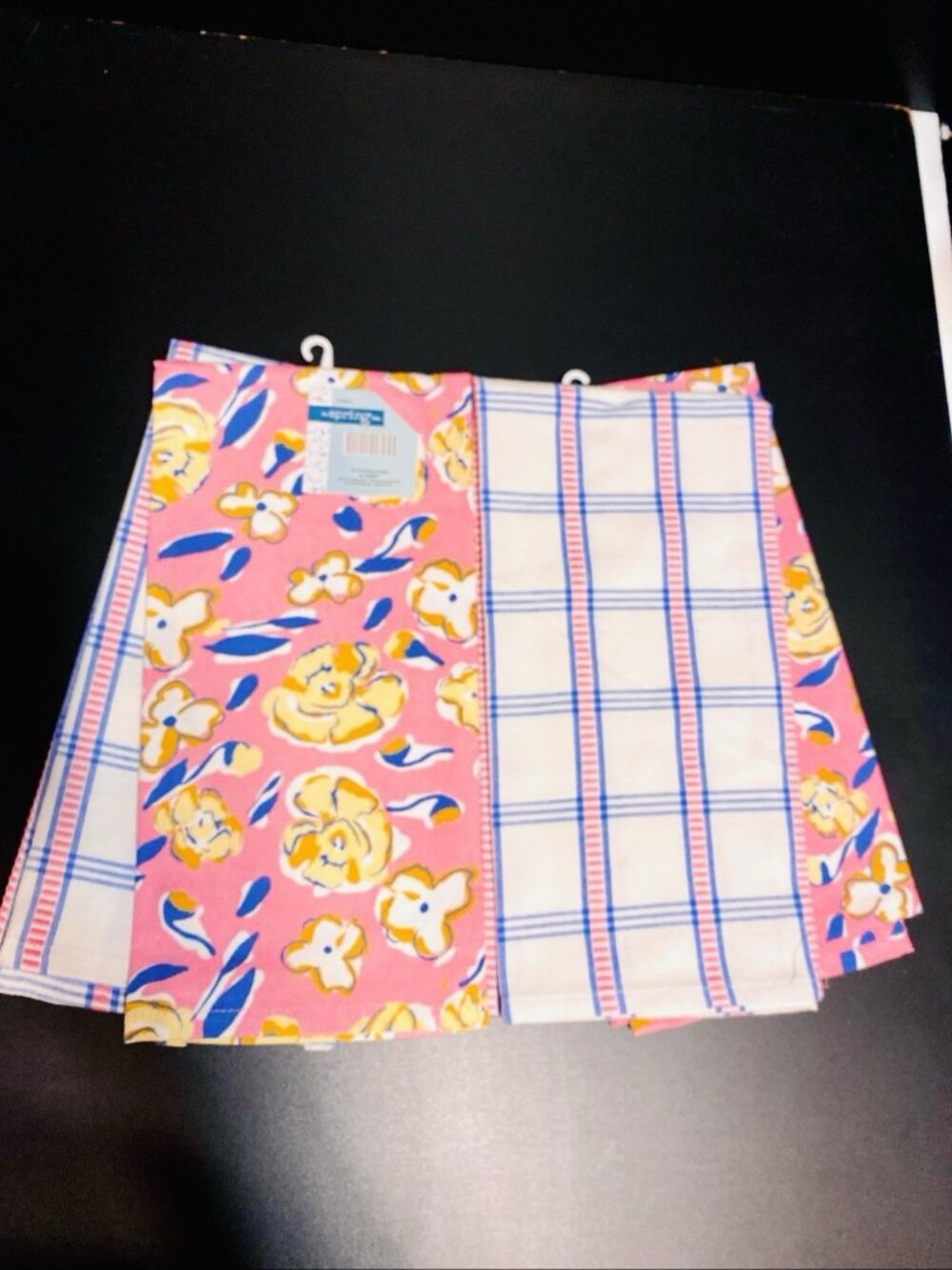 LOT of 4 Kitchen Tea Dish Towels Floral & Plaid Set FUN Pink Blue Tan NEW NWT